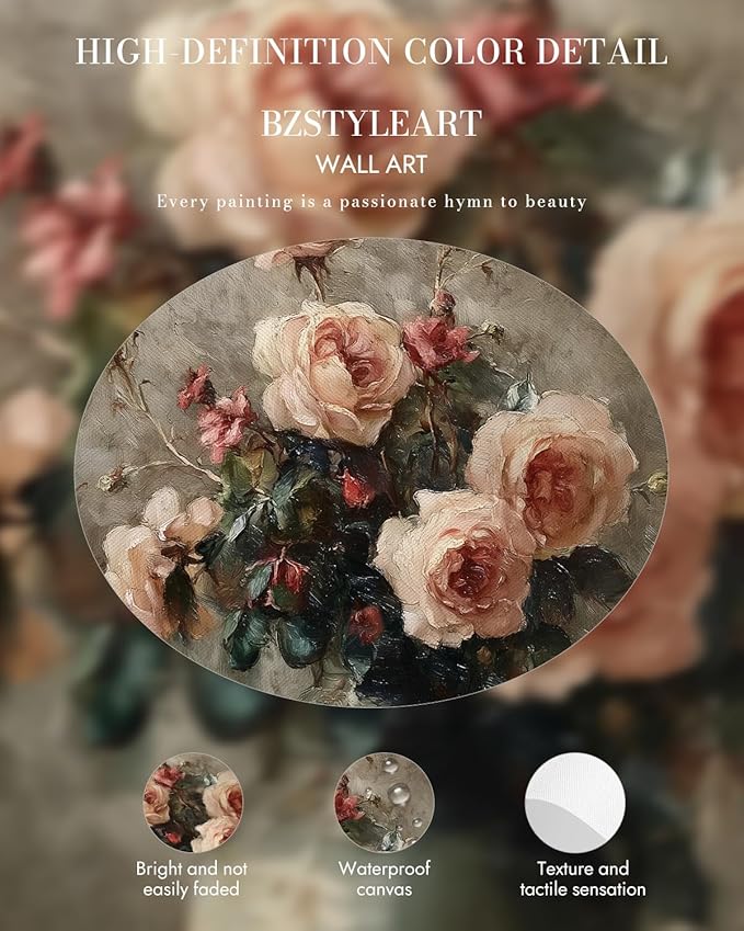 Bzstyleart Vintage Wall Art Decor for Living Room, Gold Framed Canvas Wall Art for Office, Flower Painting Framed Artwork, Canvas Print Painting for Bedroom Bathroom, Magnolia Flower 12L x 16W