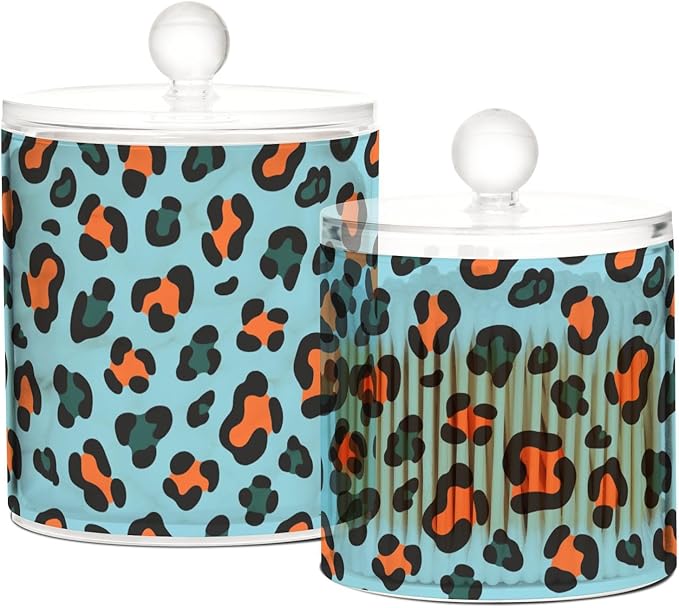 Leopard Print Orange Cyan Blue Clear Plastic Makeup Organizer Storage with lid Bathroom Essentials Decorative Dental floss storage jar for Cotton Swabs,Cotton Pads,Floss Picks,Paper