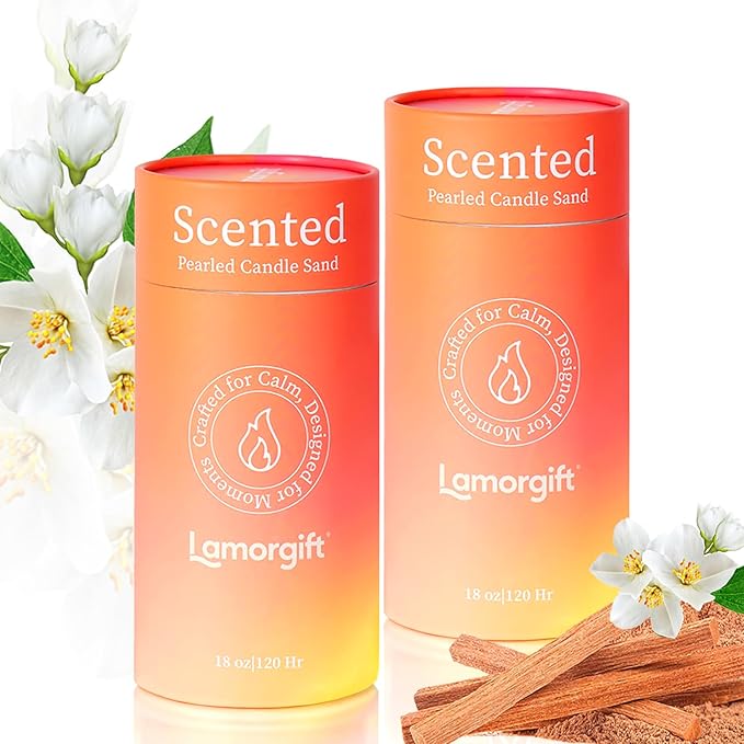36oz Scented Candle Sand Wax, Sandalwood& Jasmine- 2 Tubes Scented Pearled Candles with 240 Hr+ Long Burning Time, Refillable Powder Candle Beads with 30 Wicks for Home Decor/ Holiday Gift/ Relaxation
