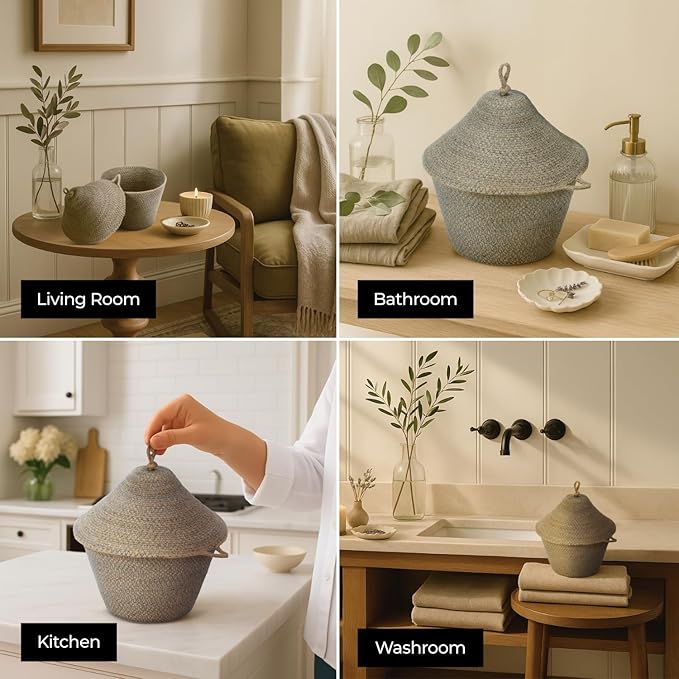 Olea Mushroom Container – Handmade 12" Woven Jute Decorative Storage Basket – Rustic Storage for Entryway, Bathroom, Kitchen, or Boho Cottagecore Decor - Forest Green