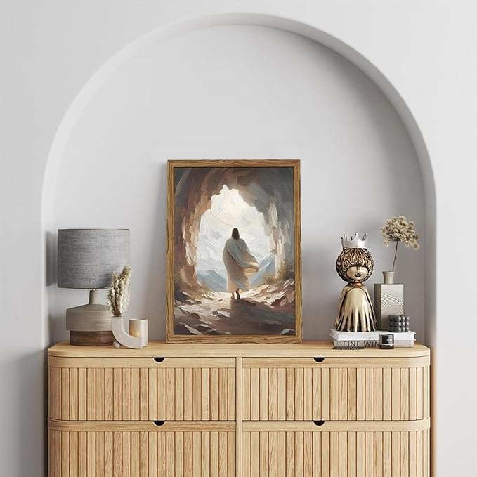 Jesus Leaves the Tomb Wall Art Easter Christian Wall Decor Painting Jesus Resurrection Artwork Religious 3D Textured Hand Drawn Sandstone for Bedroom Living Prayer Room 16x24 inch Wood Framed