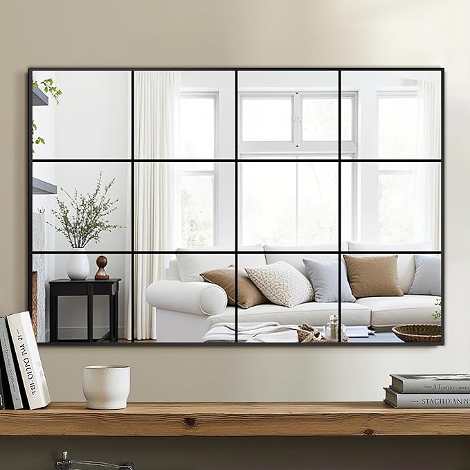 Delma Wall Mirror, 36"X24" Window Pane for Living Room Decor, Decorative Wall Art, Large Mirror for Bedroom, Hallway