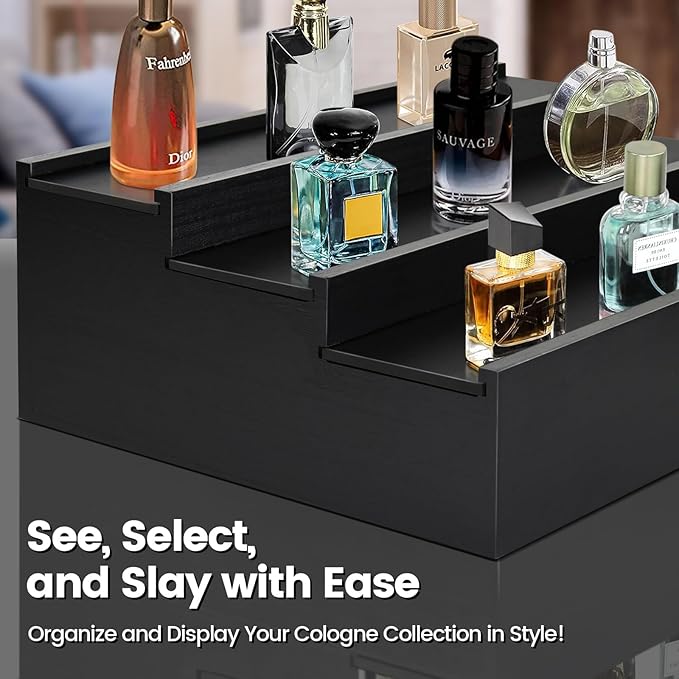 Wooden Cologne Organizer for Men - 3 Tier Cologne Stand Perfume Organizer with Hidden Compartment, Black Elevated Cologne Display Shelf for Organizing and Storing,Watch and Jewelry,Gift for Father