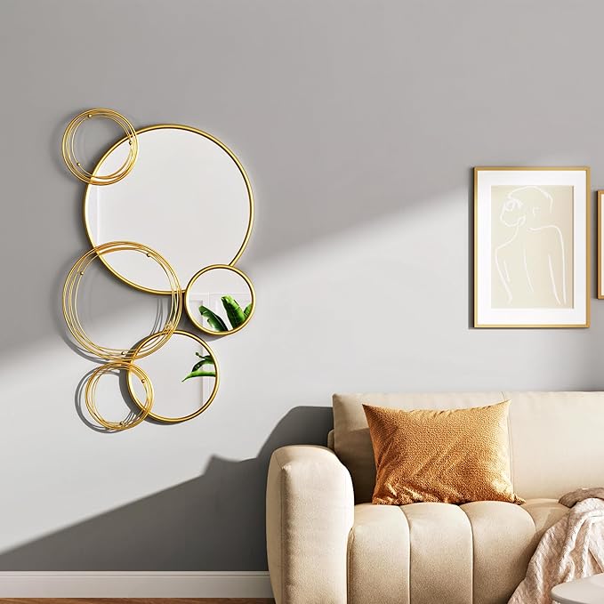 Wall Mirror Decor 35'' x 21'' Round Modern Mirror Art Metal Wall Mirrors Set for Living Room Circle Plates Overlapping Decorations for Hallway Entryway