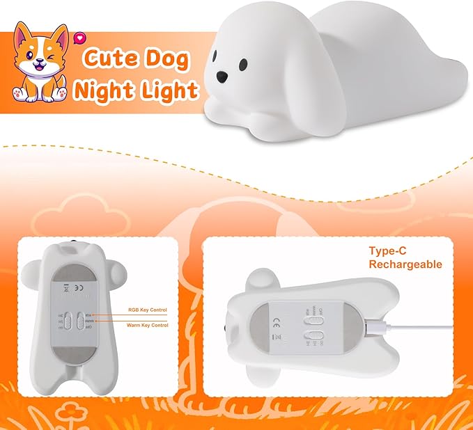 ZKLiLi Night Light for Kids Lamp, 16 Colors Lamp Cute, Dimmable Baby Night Lights for Nursery,Silicone Rechargeable Nightlight for Kids Room, Kawaii Room Decor (Dog)