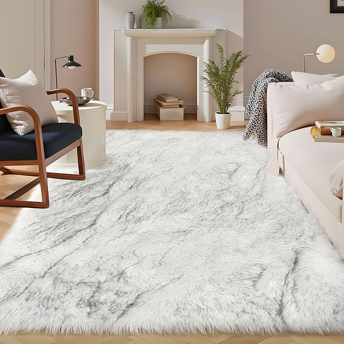 Latepis White and Grey Tips Faux Fur 7'10"x9'10" Area Rug, Soft Plush Faux Fur Sheepskin Rugs for Living Room, Washable Fluffy Rug for Living Room, Luxury Room Decor, Rectangle