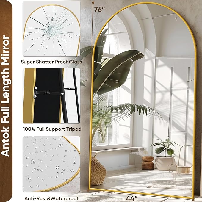 Antok Arched Full Length Mirror, 76"x44" Gold Metal Frame Floor Mirror for Bedroom Living Room, Freestanding/Wall Mount/Leaning