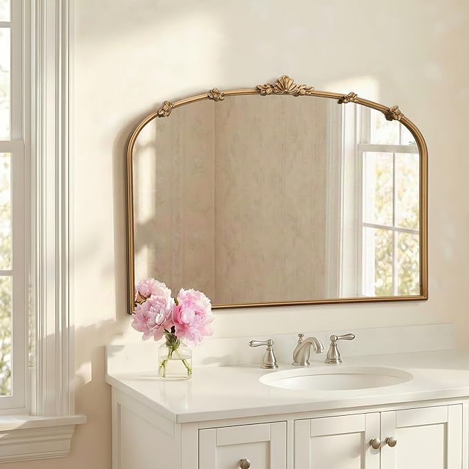 Besdomus Large Vintage Gold Mirror: 40"x29" Traditional Ornate Arched Mirror - French Baroque Antique Mirrors for Wall/Mantel/Bedroom/Entryway/Bathroom/Hallway - Home Decor for Fashion-Conscious