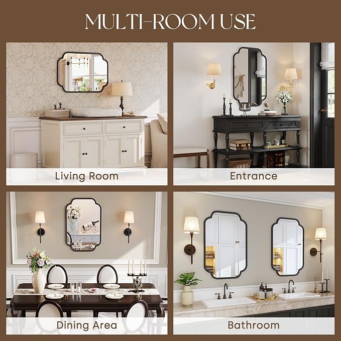 Uniclinens Black Scalloped Mirror Wall Decor - Large Decorative Wall Mirror 36"X24" with Vintage Baroque Metal Frame, Ideal for Entryway, Fireplace, Living Room, Hallway, Bathroom