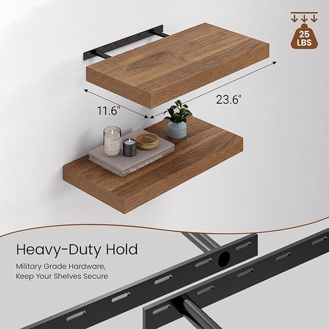 Heimlove 12" Deep Floating Shelves for Wall, 24x12 Inch Shelf Bathroom Shelves Set of 2, Mounted Shelves for Books Living Room Laundry Room Bedroom Kitchen Home Office, Walnut