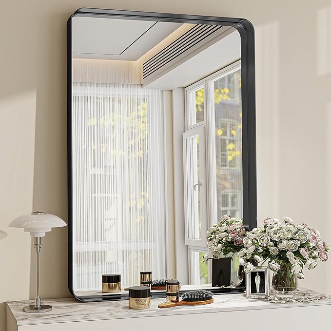Bathroom Mirrors for Over Sink 24 x 32 Inch Rounded Rectangle Bathroom Vanity Mirror Bathroom Mirror for Wall Hangs Horizontally or Vertically for Living Room Bedroom Entryway Black