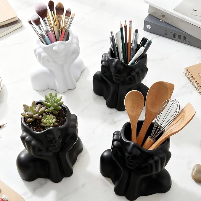 Face Vase – Small Human Body Art Vase in Resin,Women’s Head Shape for Flowers, Makeup Organizer & Desk Decor (Black)