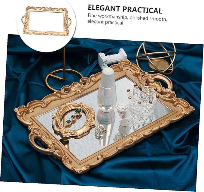 Retro Mirror Makeup Tray Golden Rectangular Plastic Cosmetics Storage Plate European Style Perfume Organizer Decorative Household Vanity Display Tray