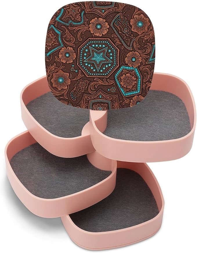 4 Layer Travel Jewelry Case with Mirror Primitive Cowboy Western Country Brown Star Rustic Jewelry Organizer Box Earring Storage Box for Women