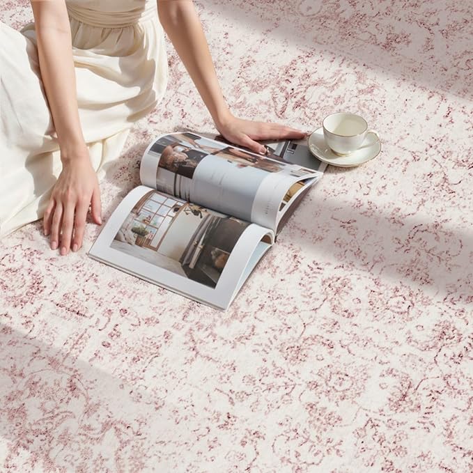 Rugxara 5x7 Washable Area Rug for Living Room & Bedroom, Large Light Pink Rugs for Women, Non Slip, Durable Low Pile Carpet, Vintage Carpets for Office, Dining Room, Kids Room and Farmhouse