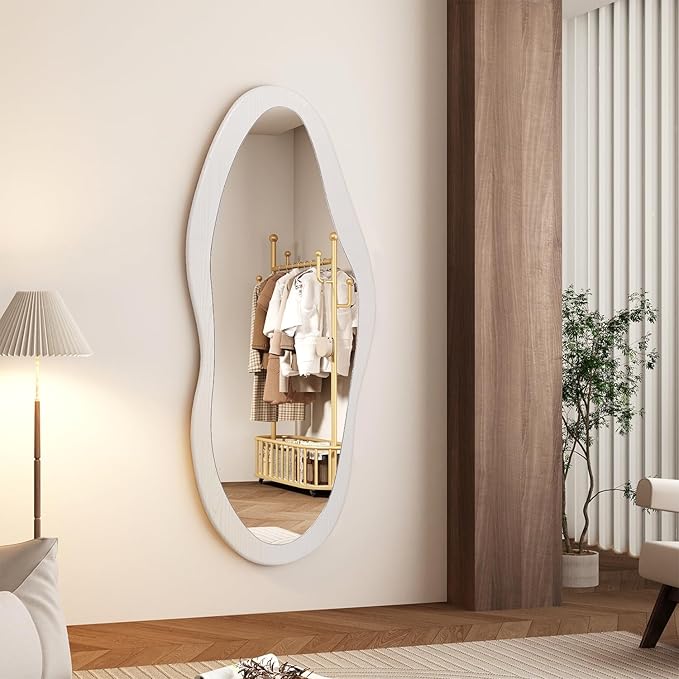 AAZZKANG Irregular Full Length Mirror Wooden Asymmetrical Wall Mirrors Modern Large for Bedroom Dressing Room Living Room Entryway White 47"x20"