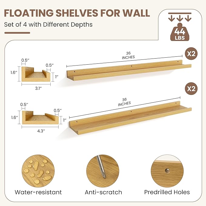 Fun Memories Picture Ledge Shelf, Floating Shelves Set of 4, 36 Inch Picture Shelves for Wall with Ledge, Large Nursery Book Shelf for Toys Storage, Living Room, Bedroom Decor Frames, Oak