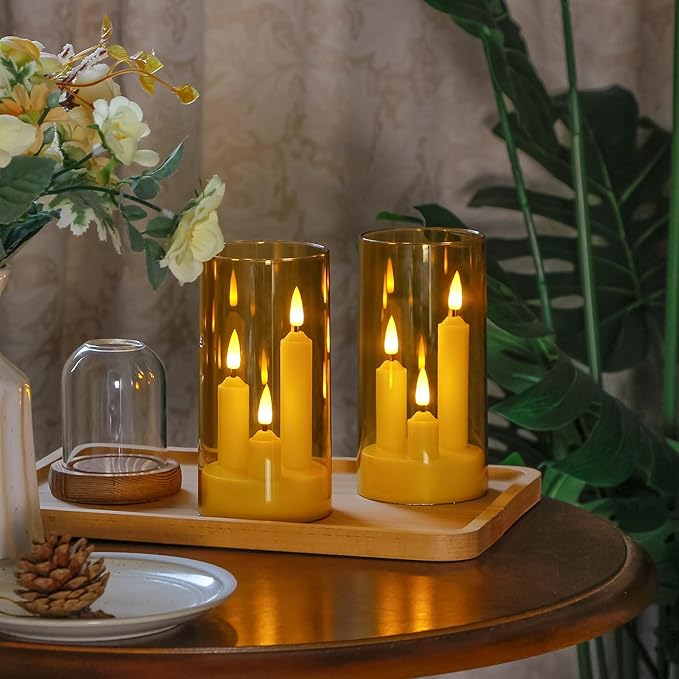 3 in 1 Flameless Taper Short Candles with 10 Key Remote Control and Timer, Battery Operated Pack of 2 LED Acrylic 3" x6" Amber Pillar Flickering Warm Light