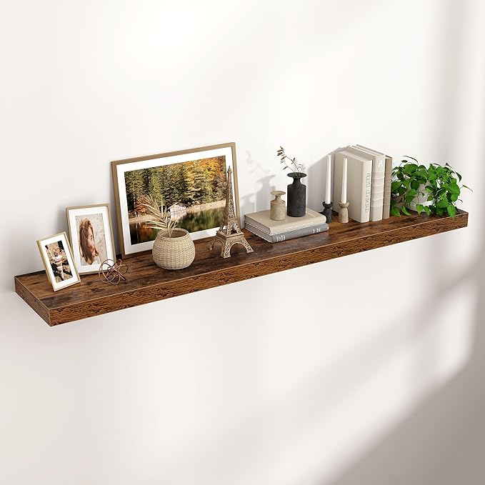 Venusmiles Floating Shelf for Wall 55 inch Long, Engineered Wood Large Wall Shelves with Invisible Brackets for Living Room Bedroom Bathroom Office Kitchen Decor and Storage, Rustic Brown, Set of 1