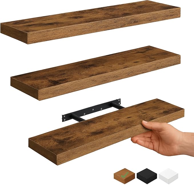 Vervida® Rustic Brown Floating Shelves for Wall Heavy-Duty Wall Storage for Bedroom/Living Room | Stylish Modern Design, Easy Install, Hidden Bracket Shelves (3 Pack)