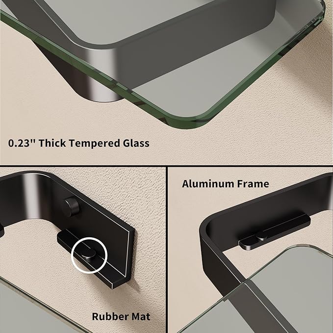 Danpoo 16-Inch Wall Shelf, Clear Tempered Glass with Matte Black Aluminum Frame – Sleek Floating Bathroom Organizer