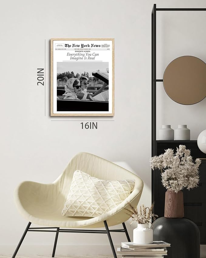 Bwodke OAK Wood Framed Wall Art Everything You Can Imagine Is Real Canvas Art Vintage Newspaper Pictures Wall Decor Hot Girls Prints Trendy Artwork for Girly Dorm Bedroom 16"x20"
