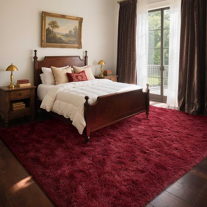 Area Rugs for Living Room, 5x8 Feet Soft Fluffy Shagg Plush Rug High Pile Large Indoor Modern Non-Slip Floor Carpet for Bedroom Nursery Girls Kids Home Room Dorm Decor Aesthetic Burgundy