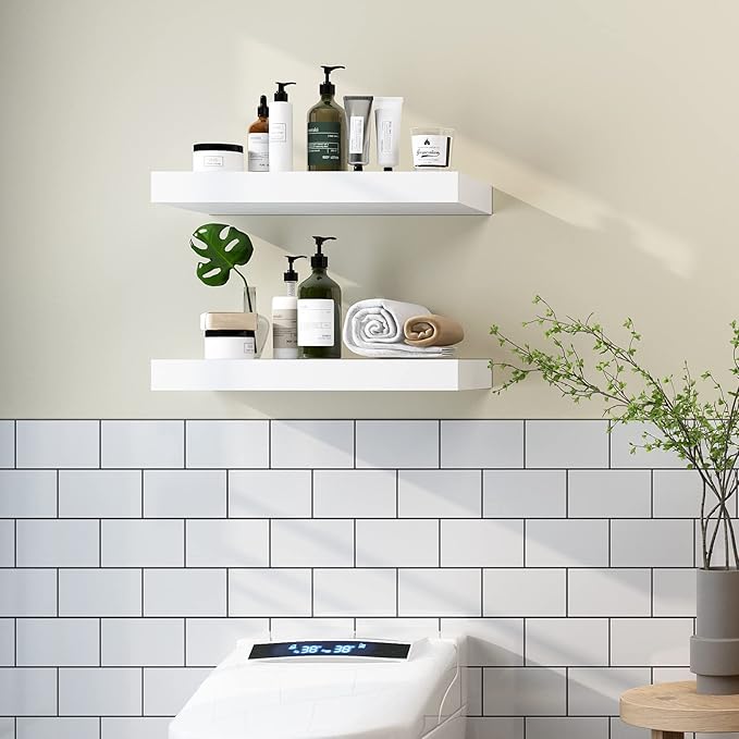 WELLAND Set of 2 Floating Shelves Wall Mounted Shelf, for Home Decor with 8" Deep (White, 15 inch)