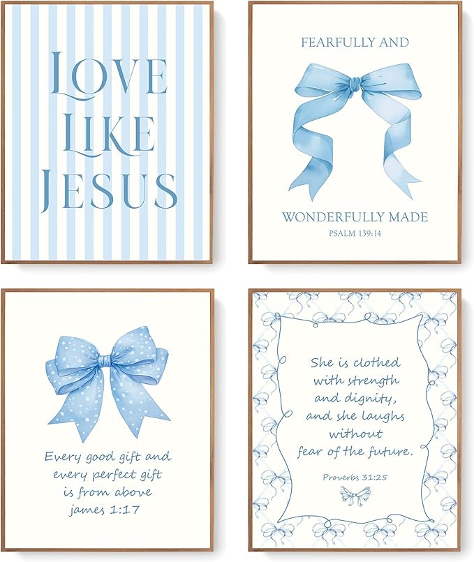 LARTSFRO Coquette Blue Bow Jesus Wall Art Decor Posters, Light Blue Bow Christian Room Bedroom Bathroom Wall Art Decor Aesthetic for Teen Girls Gifts, Inspirational Bible Verses Bow Wall Decor, 12x16 Inch Set of 4 Bow Pictures(UNFRAMED)