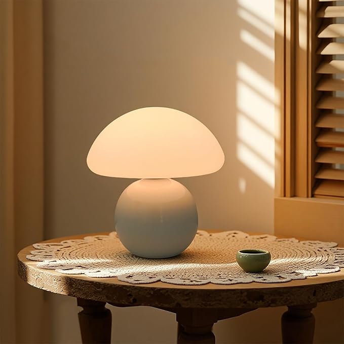 Cute Small Mushroom Lamp, PE Lampshade, Ceramic Base, Adjustable Light Color and Brightness with Power-Off Memory, Safe USB Powered, LED Mushroom Light for Bedroom Living Room (White)