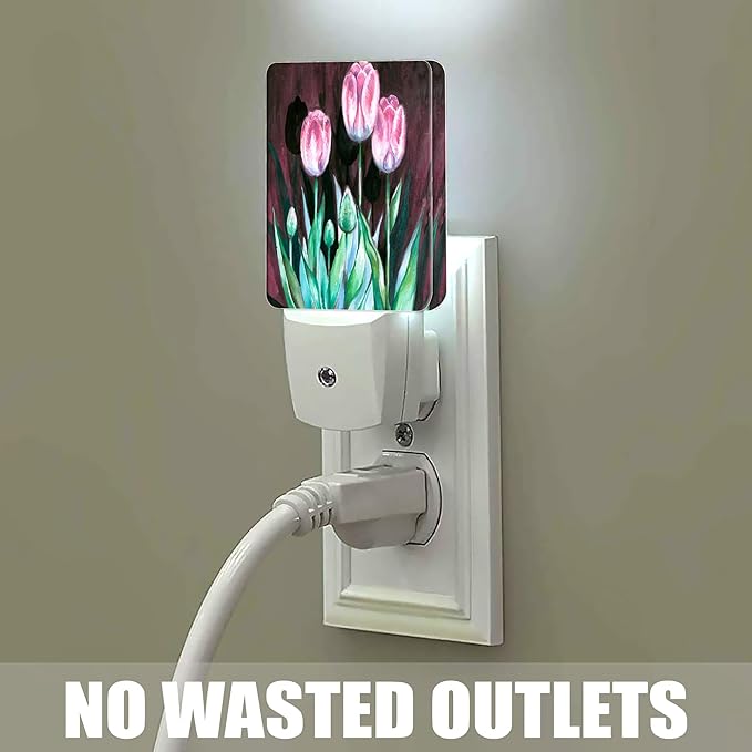 Pink Tulips on Dark Night Light, Dusk to Dawn Smart Sensor Nightlight for Bedroom Bathroom Kitchen Hallway Stairs Hallway, Plug-in, Energy Efficient Decor Desk Lamp Gifts