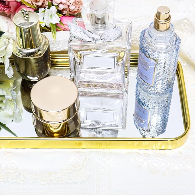 Luxury Mirrored Vanity Tray, Large Rectangular Stainless Steel Perfume Organizer, Gold Glass Mirror Decorative Tray for Makeup, Jewelry, Dresser, Bathroom Countertop (Gold)