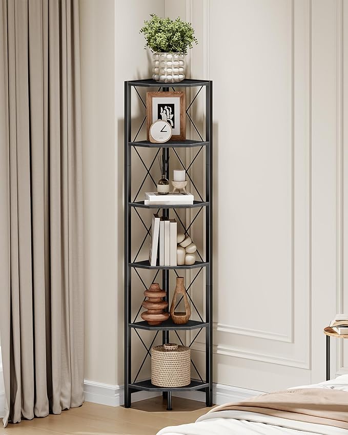 CHOEZON 6-Tier Corner Shelf, Corner Bookcase, 66.9" Tall Vertical Display Rack, Plant Stand, Open Storage Shelf, for Living Room, Bedroom, Study, Kitchen, Black TCJ13BB