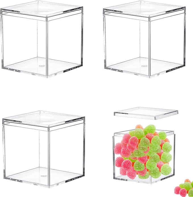 KissYou Acrylic Box with Lid Small Candy Boxes Clear Square Cube 4 Pieces Display Box Transparent Jewelry Storage Box Graduatio Party Decorative Boxes
