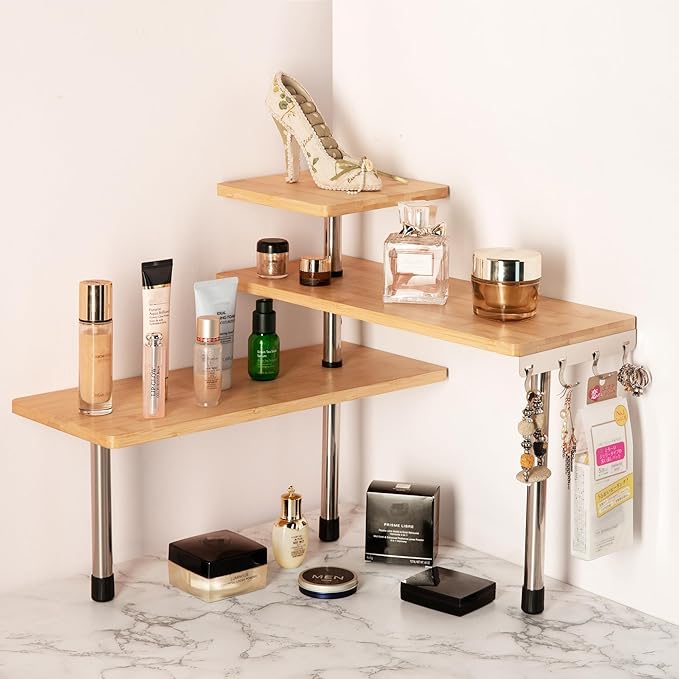 HYNAWIN 3-Tier Corner Shelf, Bamboo & Metal Storage Rack with Hooks, Adjustable Countertop Organizer for Kitchen, Bathroom, Bedroom or Office