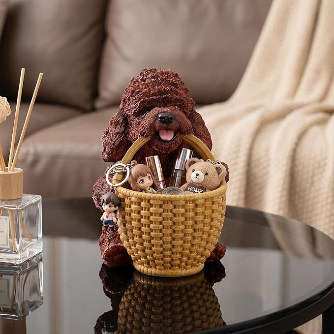 Dog Resin Storage Basket, Desktop Organizer for Remote & Keys, Cute Home Decor Tray, Ideal present for Pet Lovers.(Brown Poodle Biting Basket)