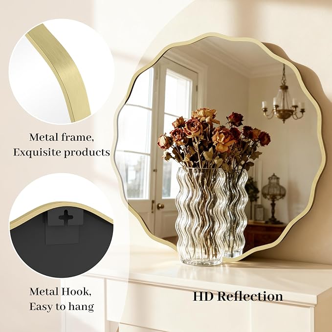 HOMECOOKIN 28 Inch Wavy Round Wall Mirror, Round Wavy Wall Mirror with Aluminum Frame for Bathroom Upgrades, Hotels, Dressing Tables,Farmhouses