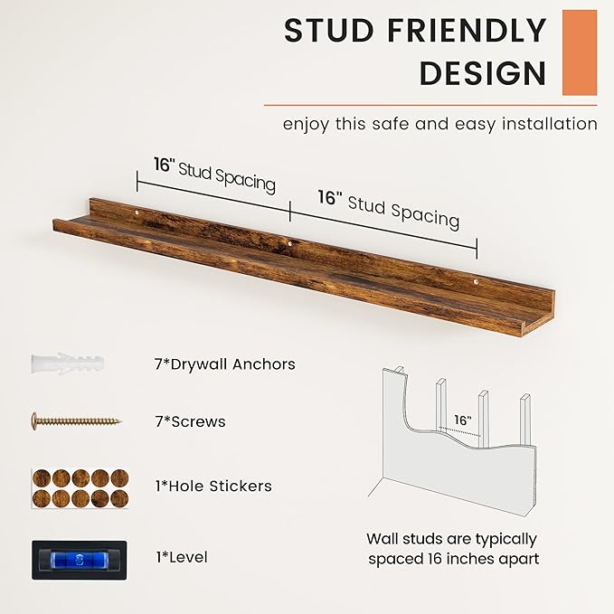 FLYJOE Picture Ledge Shelf, Floating Shelves Set of 2, 44 Inches Nursery Book Shelves for Toys Storage, Kids Bookshelf Wall Mounted for Living Room Bedroom Decor Books Photo Frames, Rustic Brown