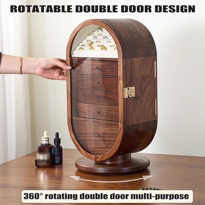 Wooden Jewelry Cabinet, 360° Rotating Jewelry Box, Versatile Tabletop Jewelry Organizer with Makeup Mirror And Multiple Storage Compartments, for Bedroom & Dressing Room