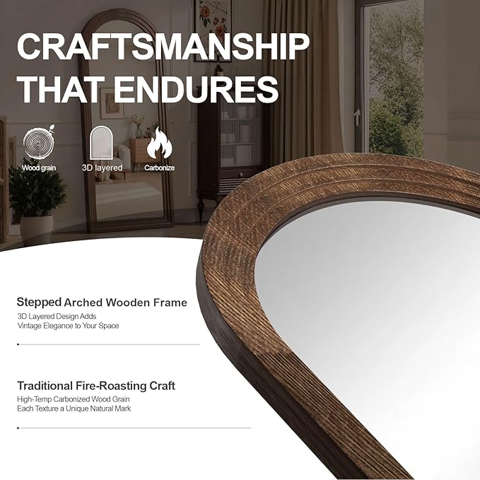 Delma Arched Full Length Floor Mirror with Stand, 55x24 Rustic Farmhouse Solid Wood Frame Wall Mirror for Bedroom, Living Room, Vertical Hanging & Standing(Brown)