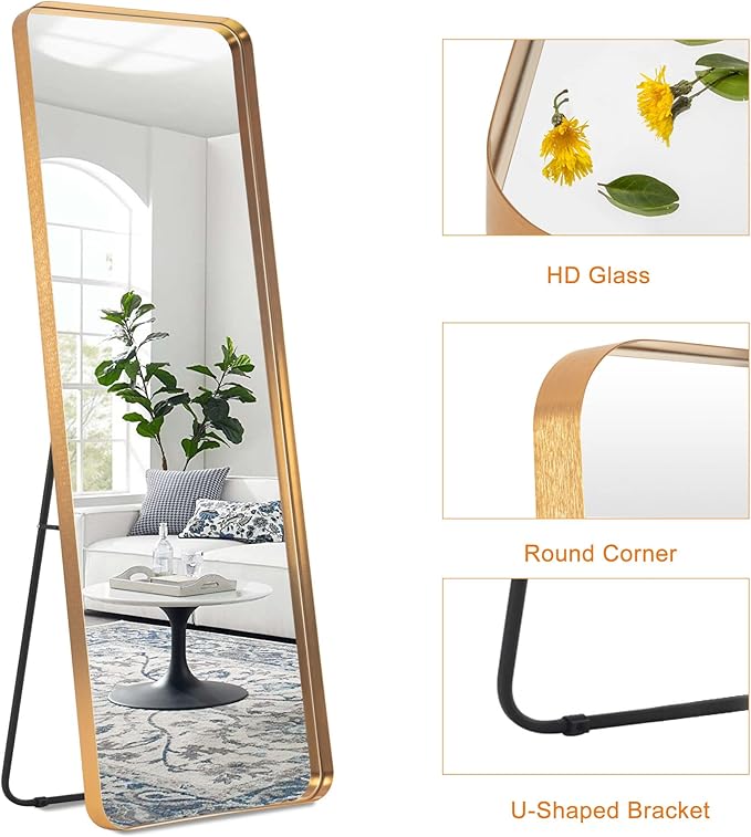 NeuType Full Length Mirror, 63"x20" Floor Mirror Full Body Dressing Mirror Round Corner, Hanging or Leaning Against Wall Large Rectangle Wall Mounted Deep Set Aluminum Alloy Frame for Bedroom, Gold