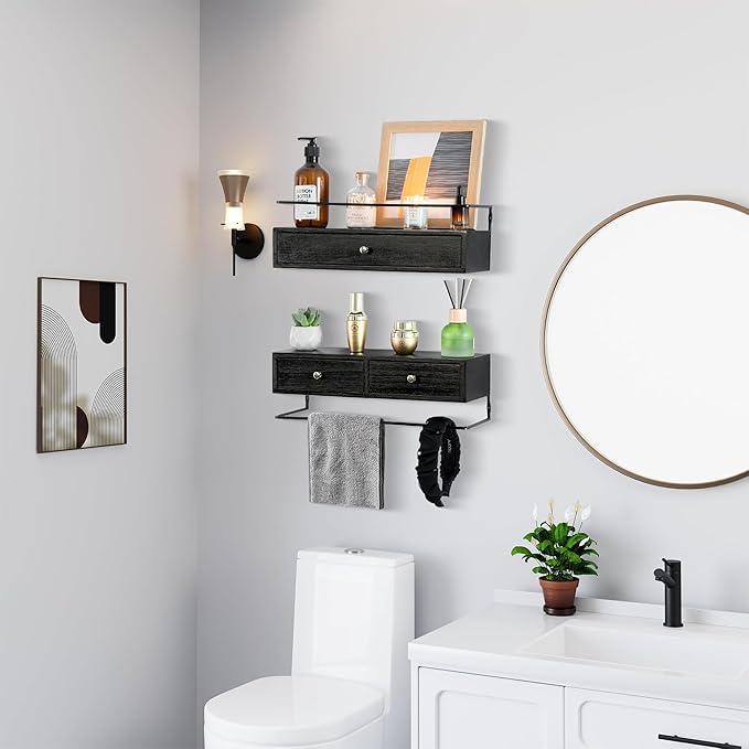 dreampossible 2-Pack Rustic Floating Shelves with Drawer, Black, 15.8 Inch Long, Wall-Mounted, Bathroom, Kitchen, Living Room Storage