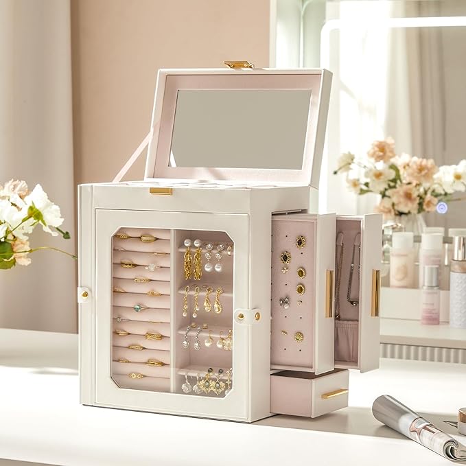 HOOBRO Jewelry Box with Mirror and Makeup Organizer Cart with Fabric Drawers Bundles, Jewelry Storage Case, Cosmetics Display Cases, for Earrings, Rings, Necklaces, Bracelets WT03JB04G2-WN19TC04
