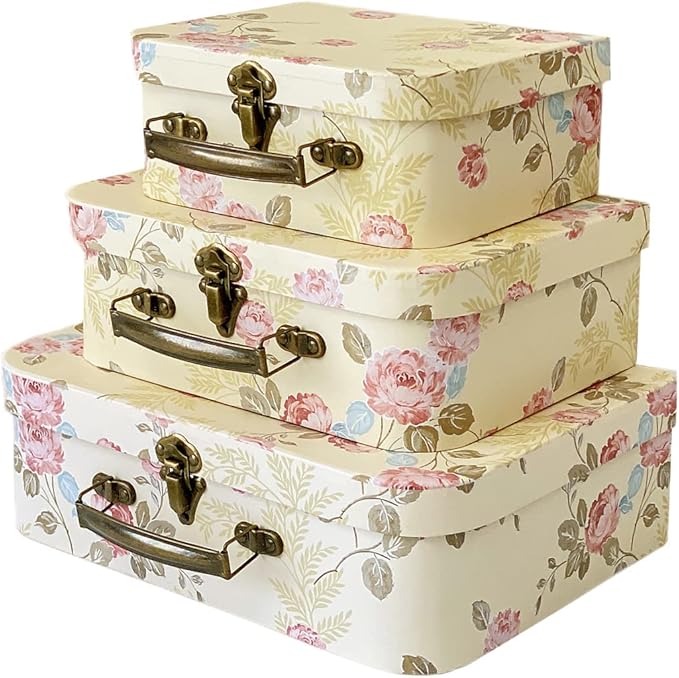 Paperboard Suitcases(Set of 3), Gift Boxes With Lids For Presents, Photo Storage, Dolls, Perfect for Home Decoration, Baby Shower Wedding, Birthday, Christmas and New Year Decor(Yellow Flowers)