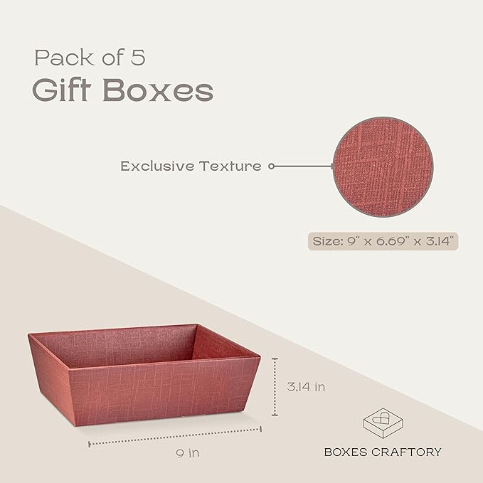 Pack of 5 Empty Baskets for Gifts - Gift Baskets Empty to Fill Ideal for Christmas Gifts and Valentines Presents | 9" x 6.69" x 3.14" Burgundy Silk