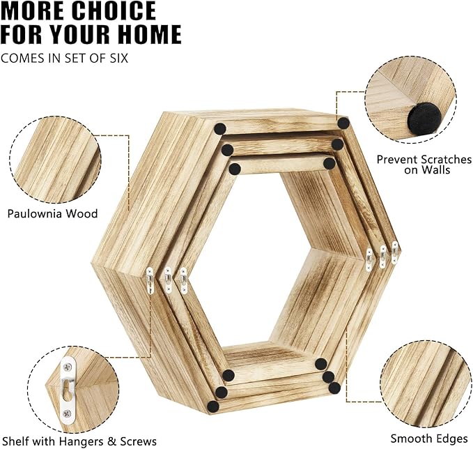 NOVIMANGO Hexagonal Floating Shelves Wall Mounted Set of 6 Wooden Hexagon Shelves Farmhouse Storage Honeycomb Shelves Hexagon Hanging Shelves Rustic Geometric Shelf for Nursery Bedroom Living Room