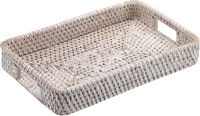 Hipiwe Hand Woven Tray with Handle Whitewash Rattan Serving Tray for Storage Rectangular Wicker Basket Tray for Key Remote Fruit Dessert Plate, 11.8 x 7.9 x2 Inch