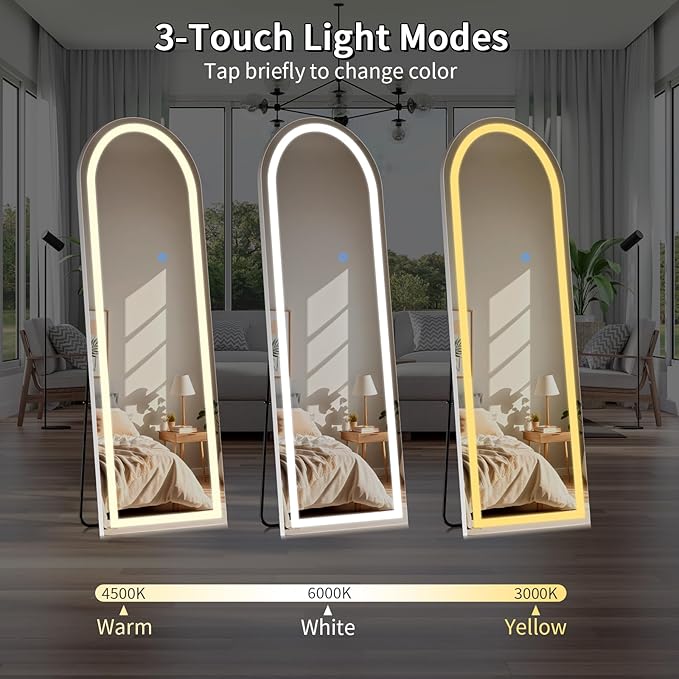 Koonmi LED Arched Full Length Mirror, 65"x24" Full Length Mirror with Lights, Lighted Floor Mirrors with Stand, Full Body Mirrors with Dimming & 3 Color Lightingfor Living Room Cloakroom, White