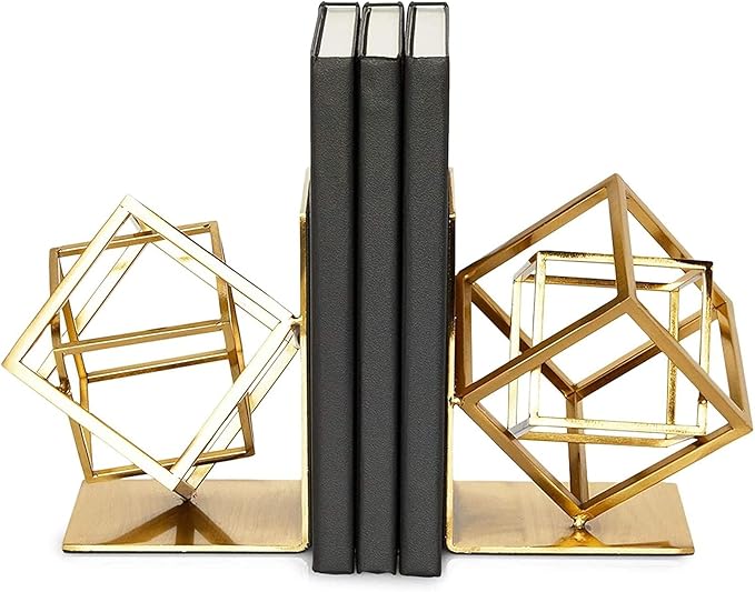 Juvale Gold Bookends - Heavy-Duty Metal Book Ends for Bookshelf Decor - Geometric Square Style for Decorative Books Display for Coffee Table & End Table Decor - 5 x 6 x 3 in, Pack of 2