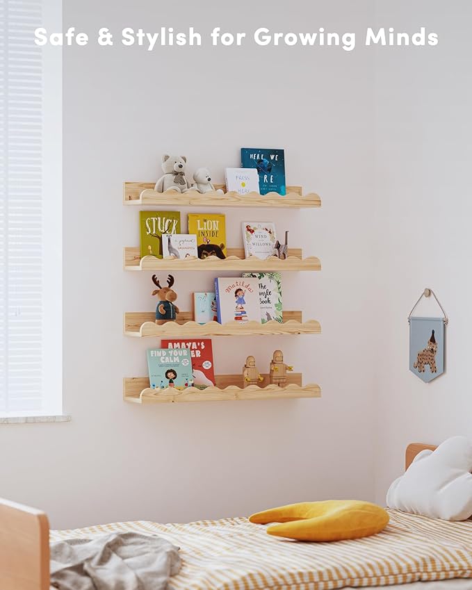 Seocry Kids' Bookshelf Set of 4 - Wood Floating Nursery Book Shelves, Picture Ledge Shelf for Wall Decor and Storage - Perfect for Books, Toys, Photo Frames, and Nursery Décor
